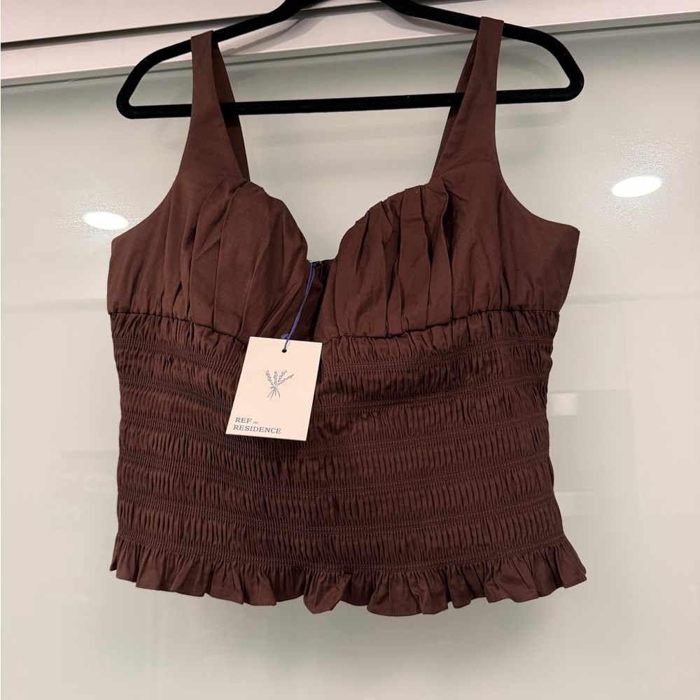 Reformation REF IN FRANCE COLLAB Chocolate Brown Smocked Ruffle Tank